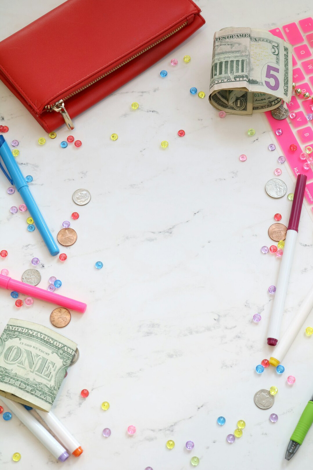 Flat lay of household budget planner with calculator, coins and yen banknotes