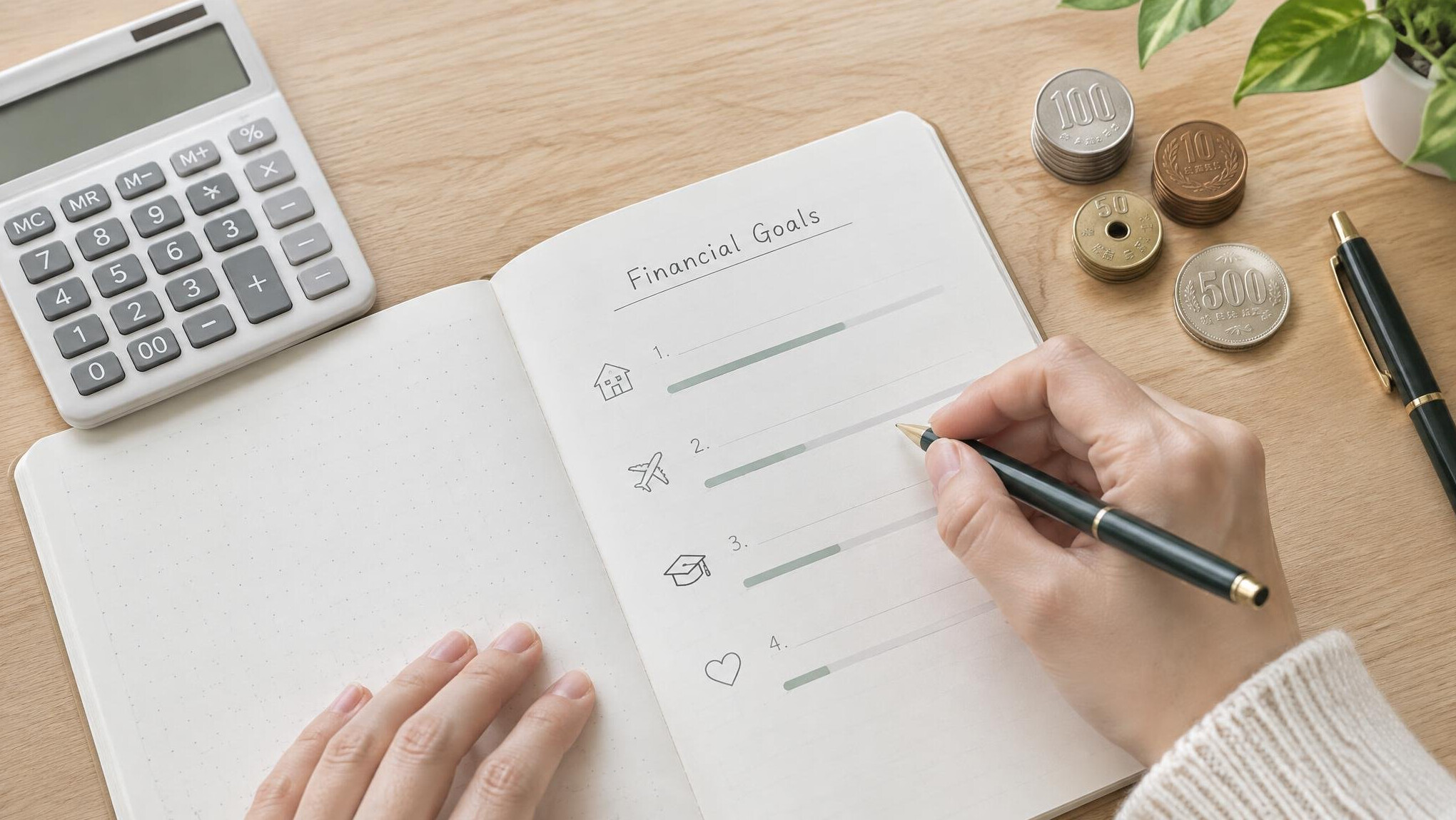 Close-up of hands writing in a financial goals planner notebook with calculator and yen coins