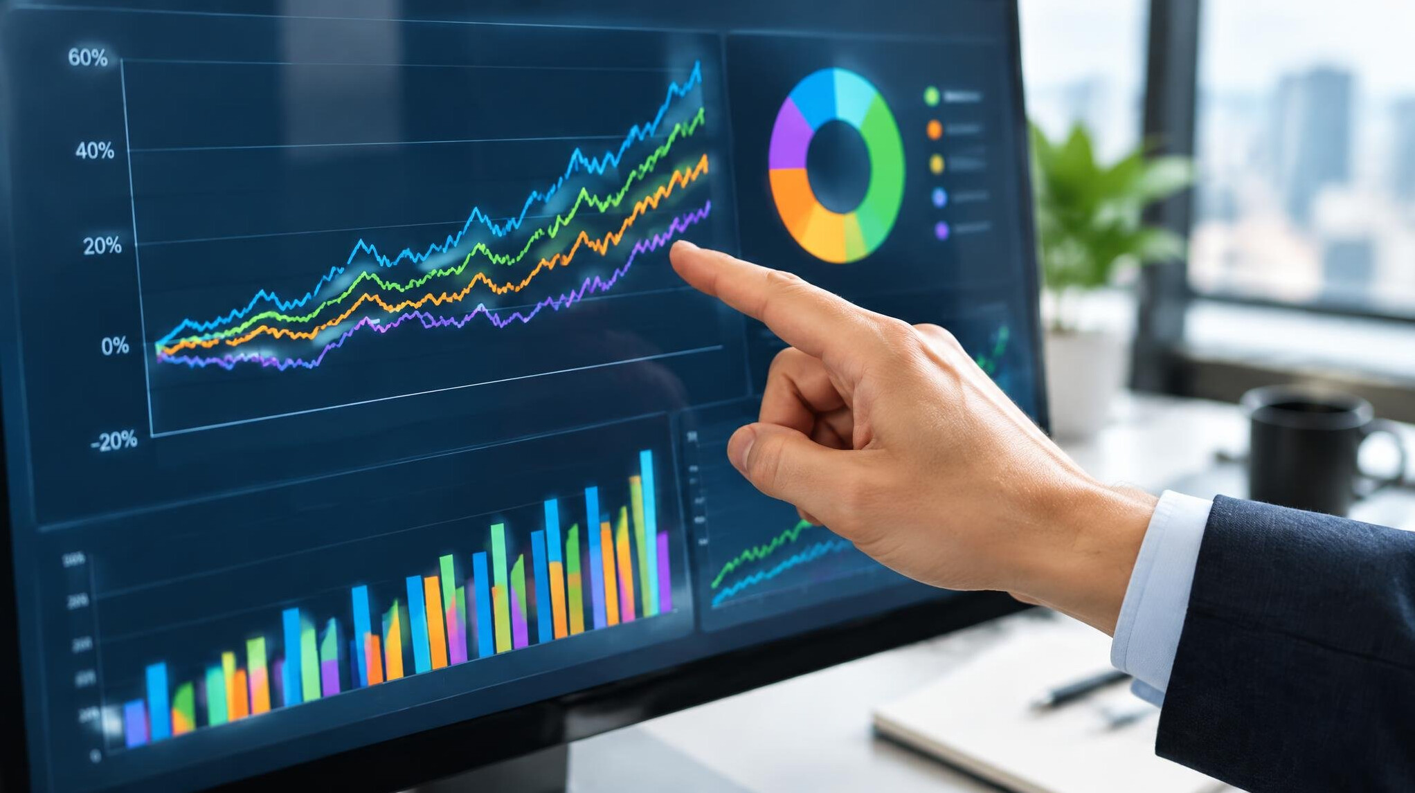 Hand pointing at investment fund performance graphs on a computer screen