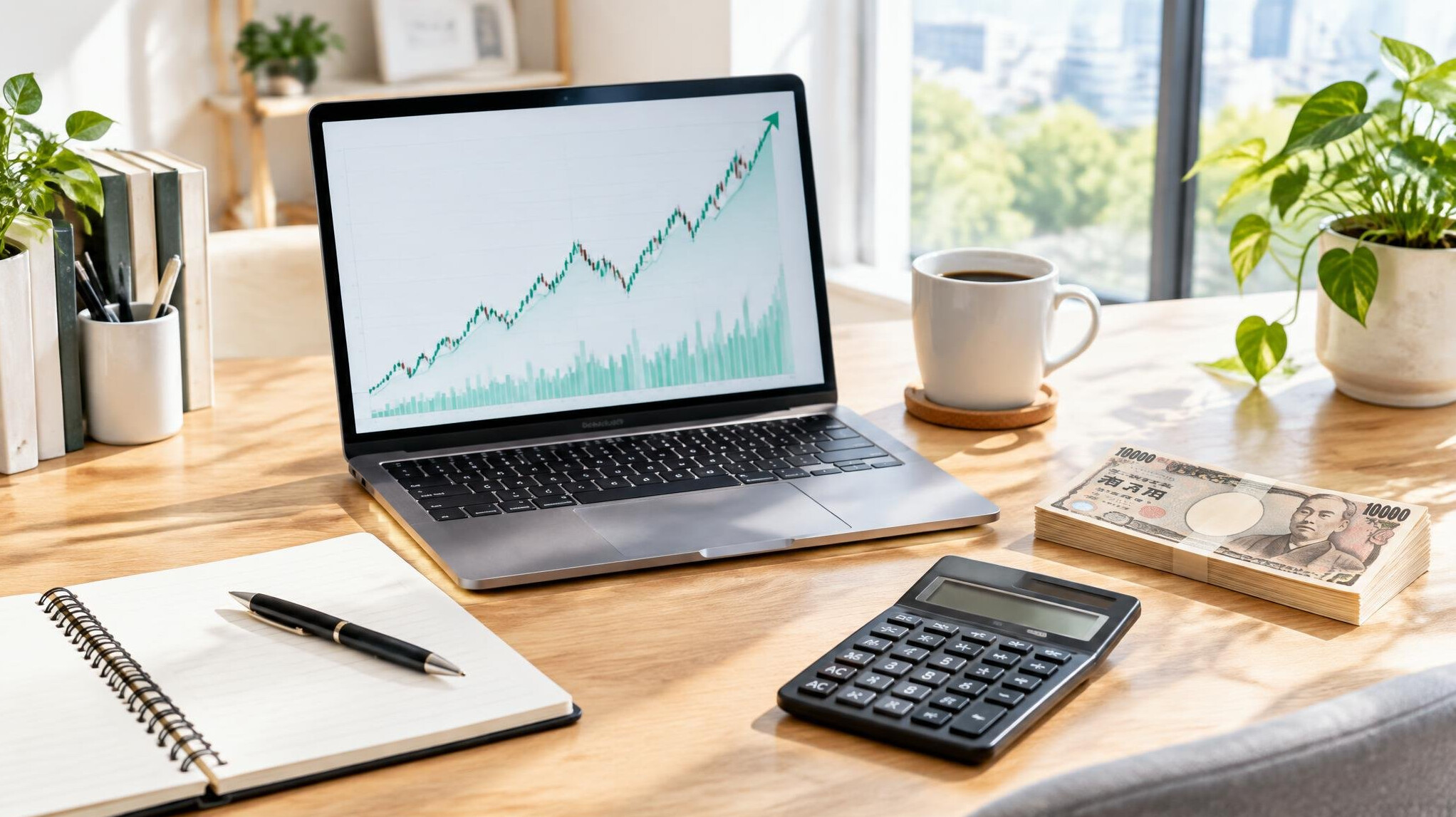 Home office desk with laptop showing financial growth chart and yen banknotes