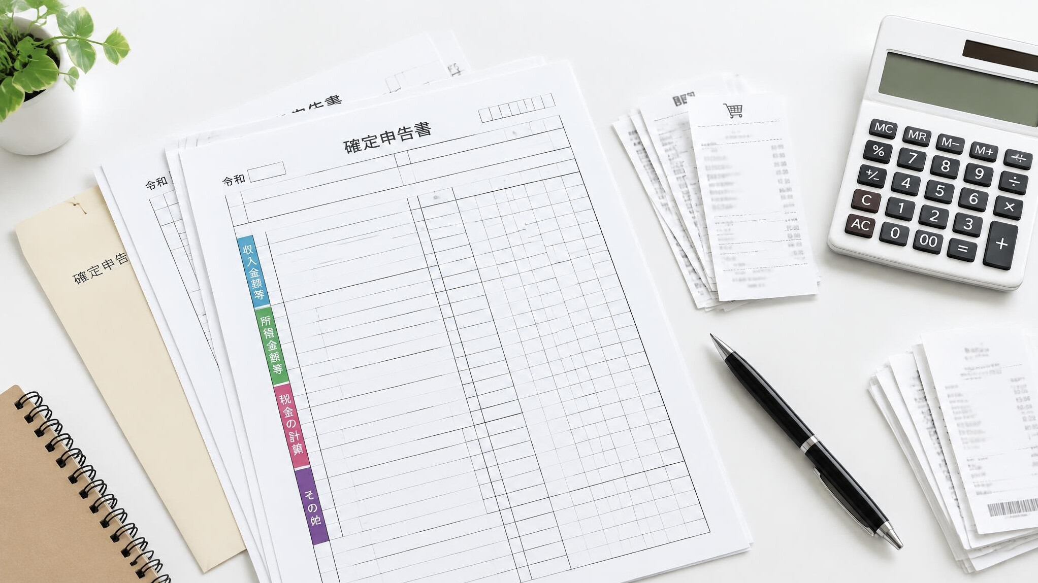 Organized tax documents, receipts, calculator and pen on a clean desk