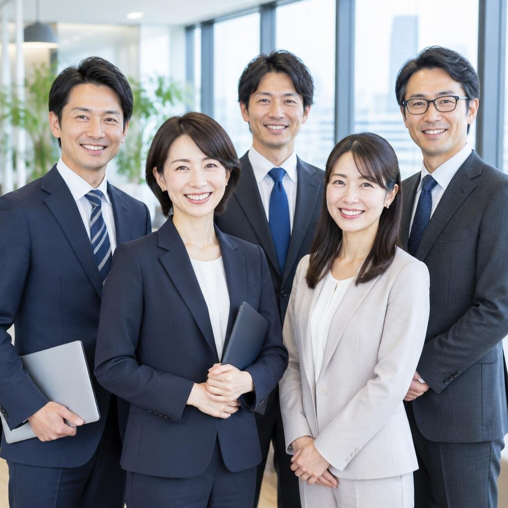Diverse team of Japanese finance professionals smiling together in a modern office