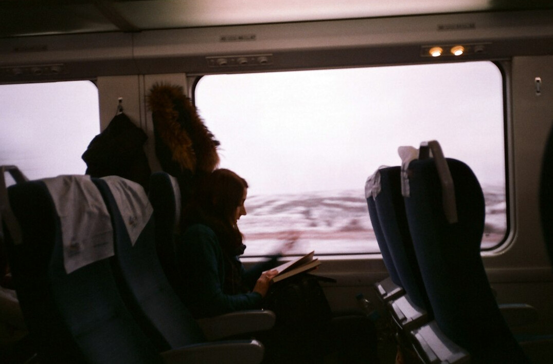 person using laptop on train