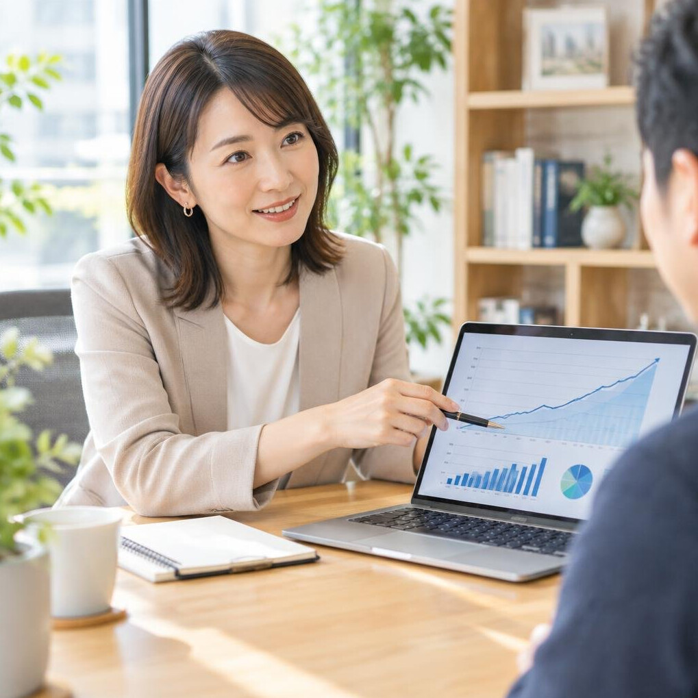 Japanese financial advisor showing investment charts to a client on a laptop